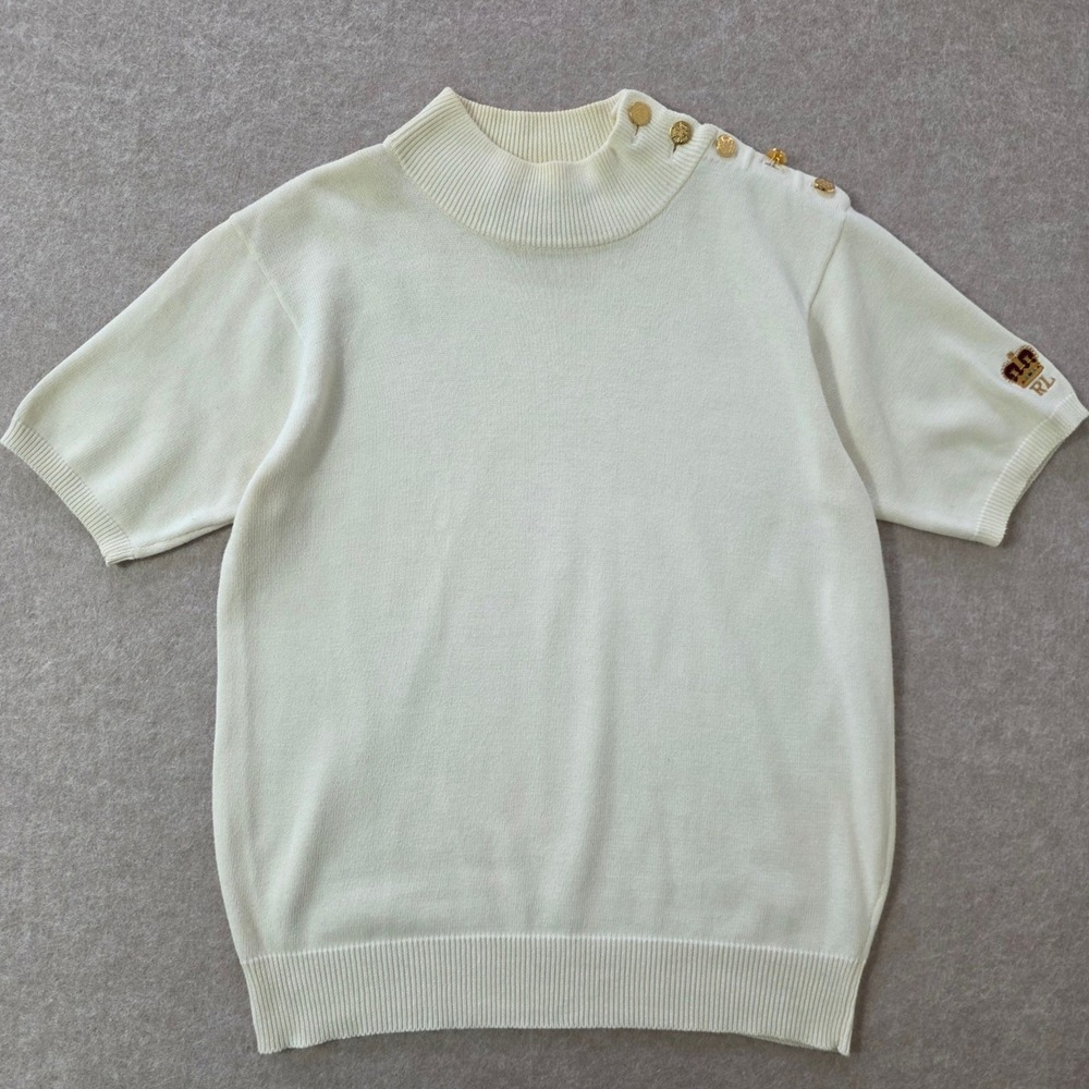 VTG Y2K Ralph Lauren Mock Neck Crown Sweater Sz M Short‎ Sleeve Knit Old Money